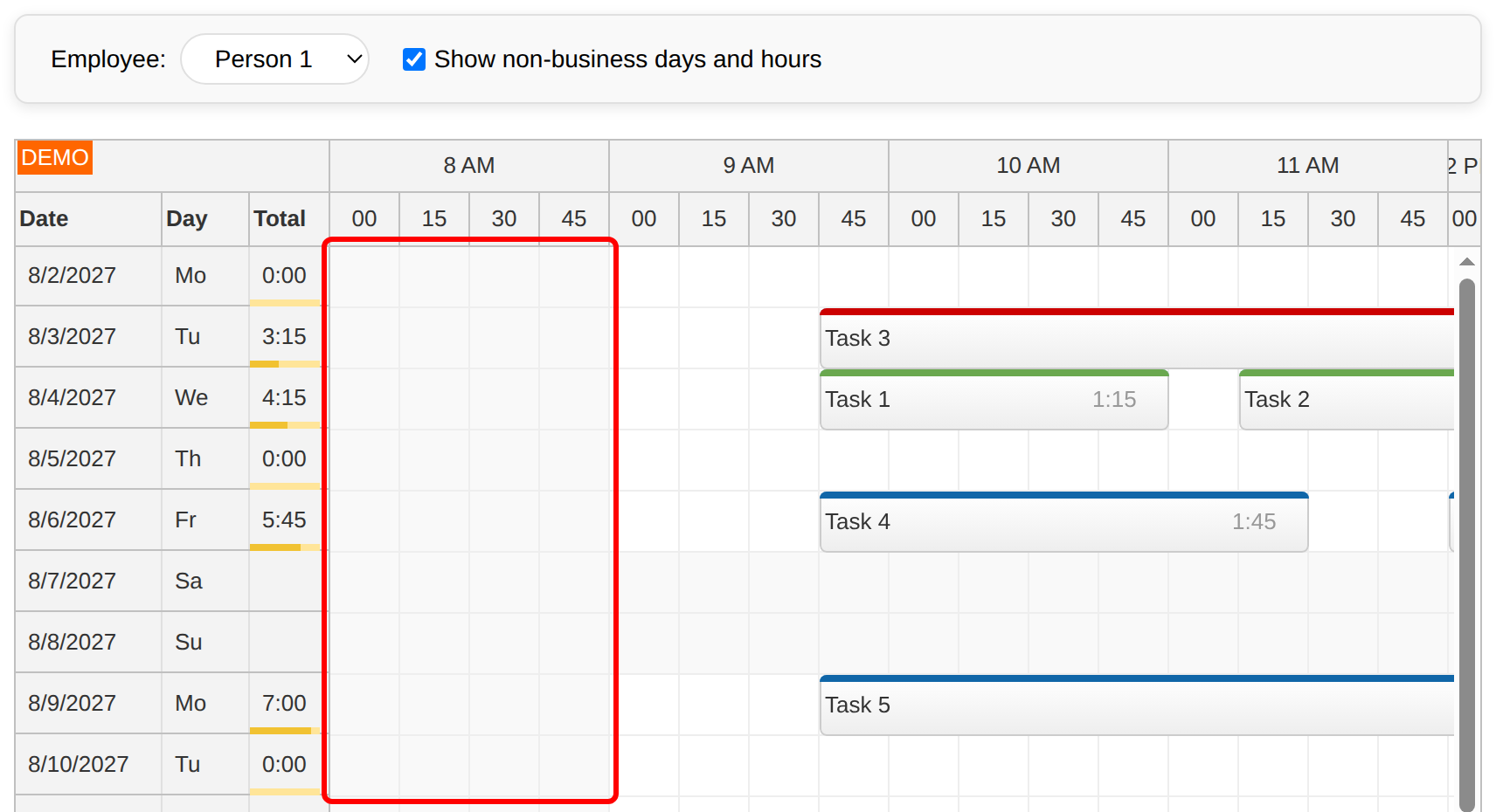 angular timesheet quick start show non business