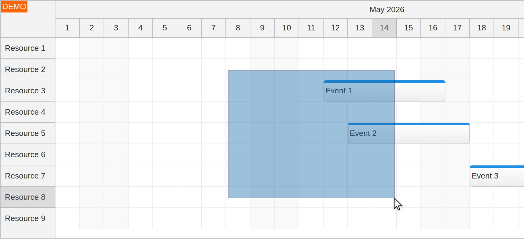 javascript scheduler time range rows rectangle event selection