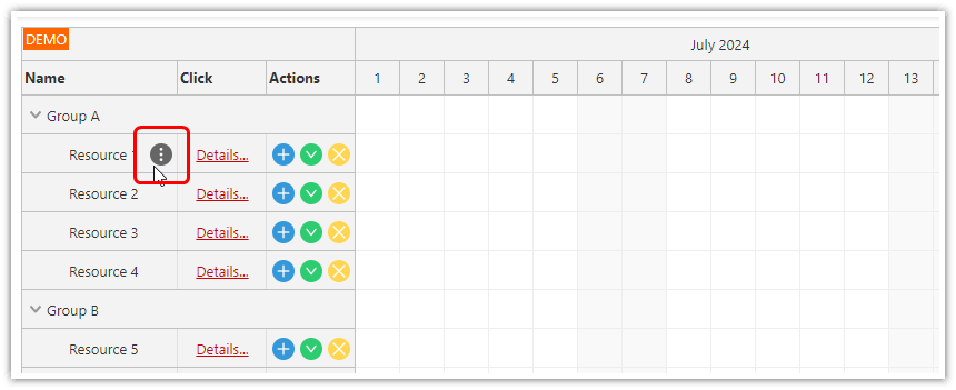 Angular Scheduler Row Header Actions - Hover Icon with Context Menu